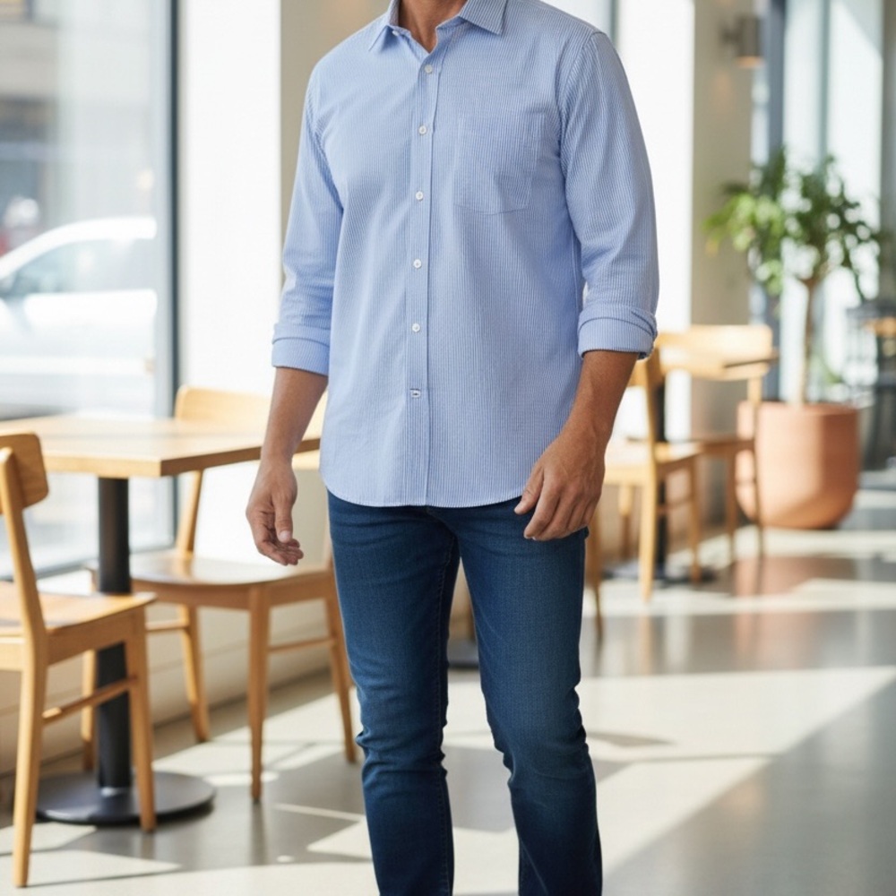 Jos. A. Bank Stripped Light Blue Casual Button Down Shirt